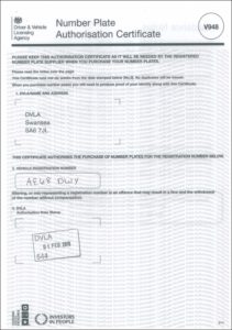 Number Plate Authorisation Certificate